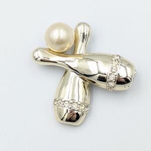 Vintage gold tone bowling theme brooch faux pearl and rhinestone